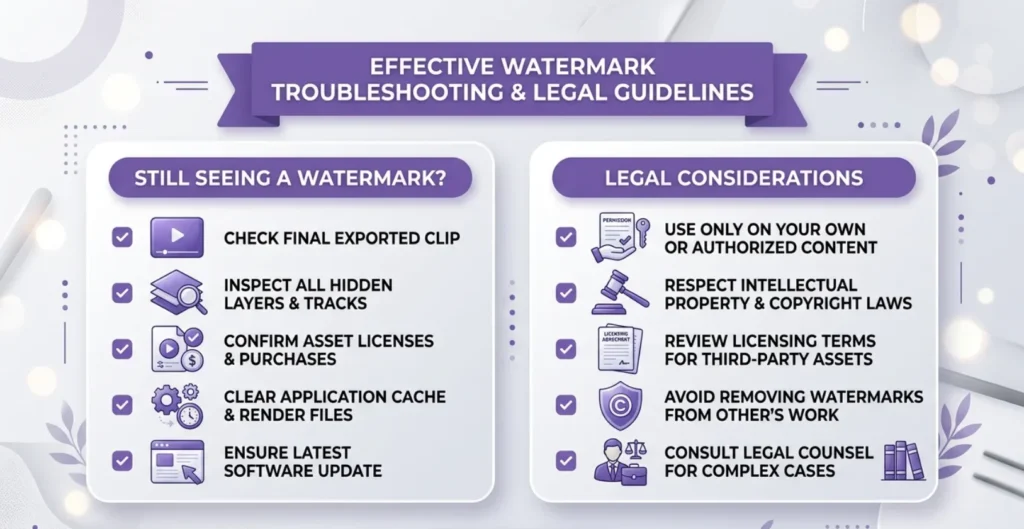 Troubleshooting-and-legal-considerations-infographic-for-CapCut-watermark-removal